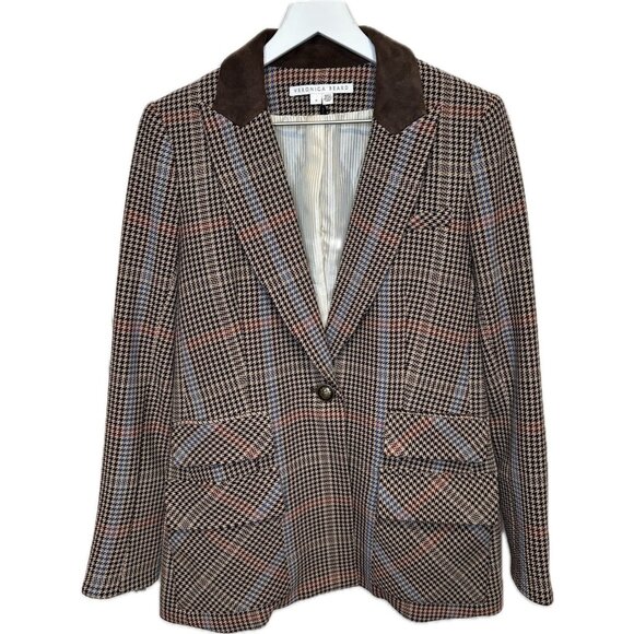 Veronica Beard Women's Destry Suede Trimmed Houndstooth Tweed Blazer Brown 6 - Picture 3 of 10